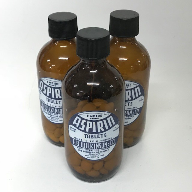 BOTTLE, Medical Brown Glass 15cmH - Empire Aspirin Label